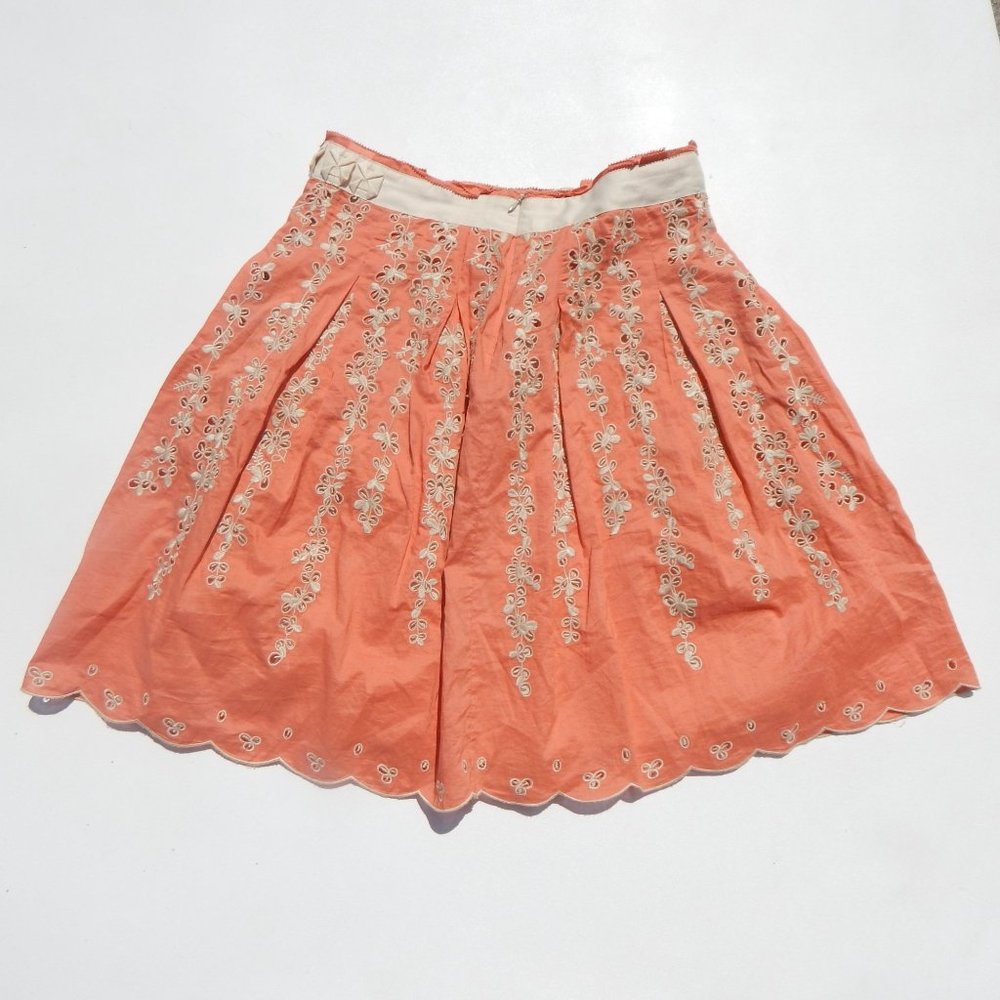 Elie Tahari Vintage Size 10 Pleated Midi Skirt Orange Cotton Floral Accents